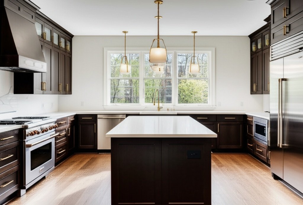 Luxurious modern kitchen remodel in Humble with white quartz countertops and gold hardware