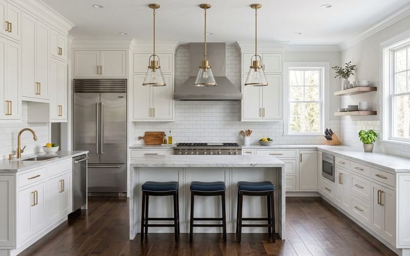 Remodeled white kitchen with island by Tell Projects